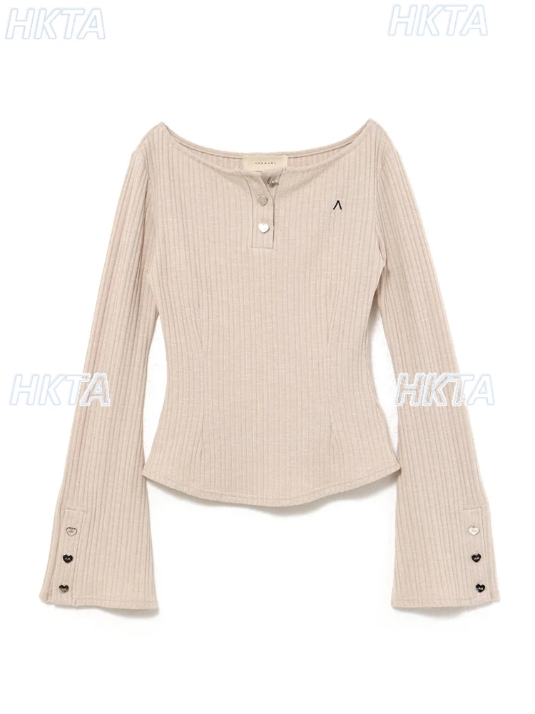 

Японский сладкий эластичный пояс с одним словом воротник с открытыми плечами и рогом с длинным рукавом, топ с пуговицами любви, милая футболка, жилет, топы для женщин