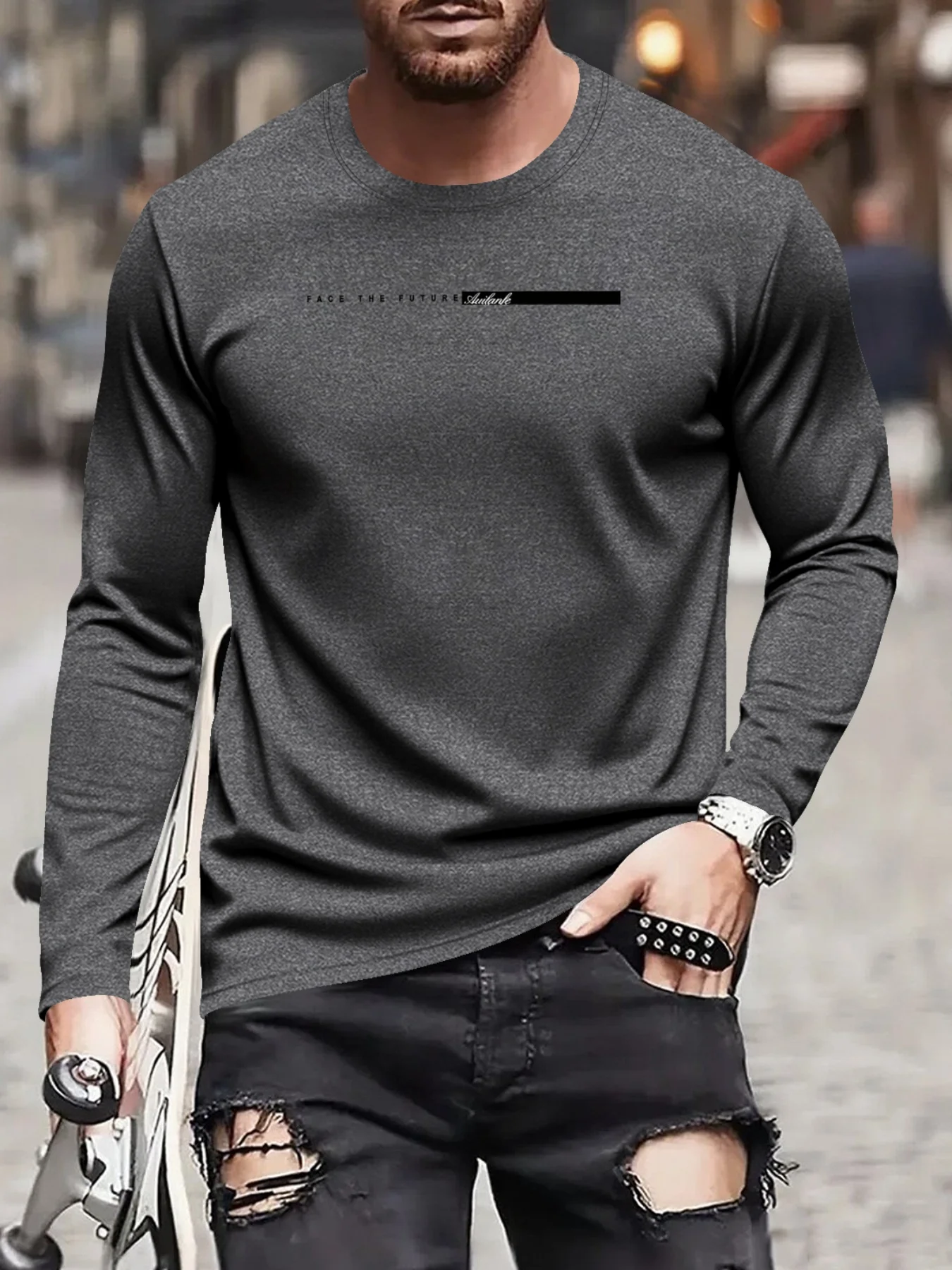 100 cotton men's long sleeved round neck loose cow head skul