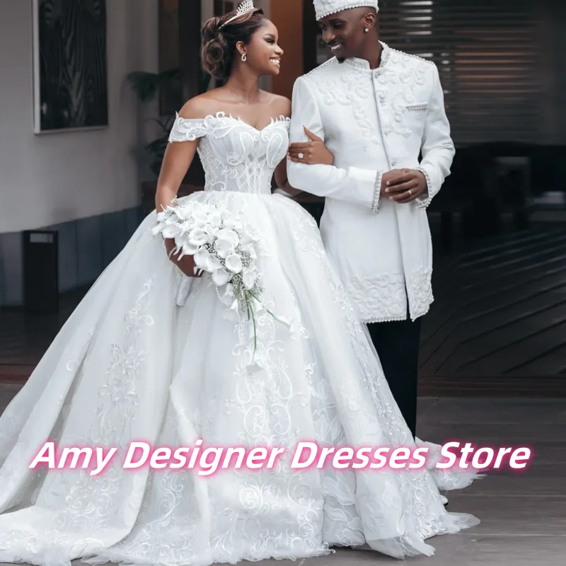 

African Off The Shoulder A-Line Wedding Dresses For Females Delicate Lace Applique Bride Gowns Vestidos De Novia Customized