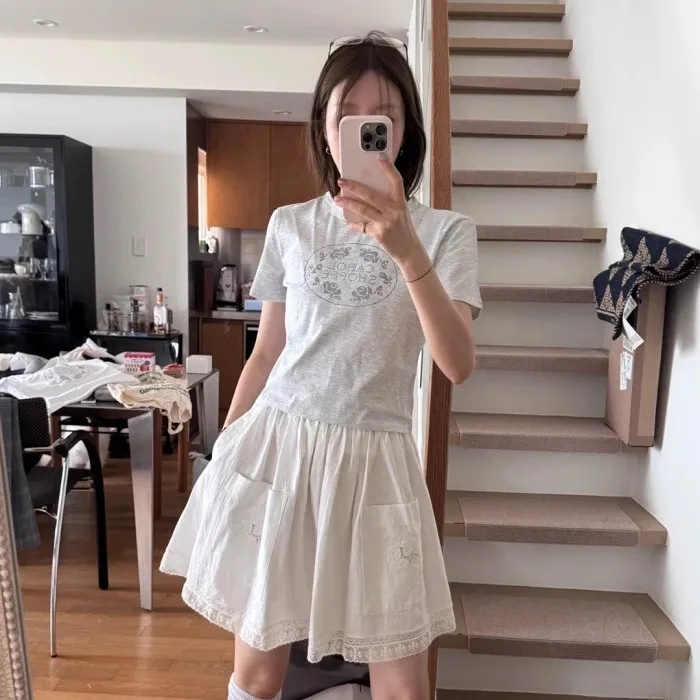 

Кружевная юбка с высокой талией и белой вышивкой, лето 2023 г., Новое поступление с Dongda Gate, корейский Sle, утягивающая белая вышивка