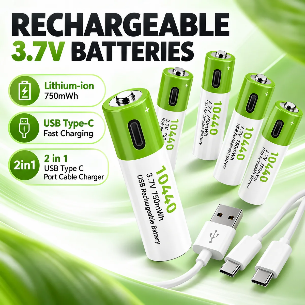 10440 Li-ion Rechargeable Battery 3.7V 750mWh with USB Type-C Charging Port and Cable for Flashlights, Toys and Cameras