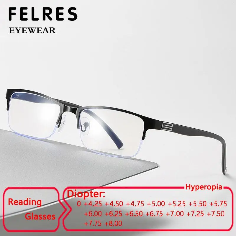 

FELRES Men Metal Half Frame Anti blue Light Reading Glasses Women Business Presbyopic Eyeglasses Prescription Optical Glasses