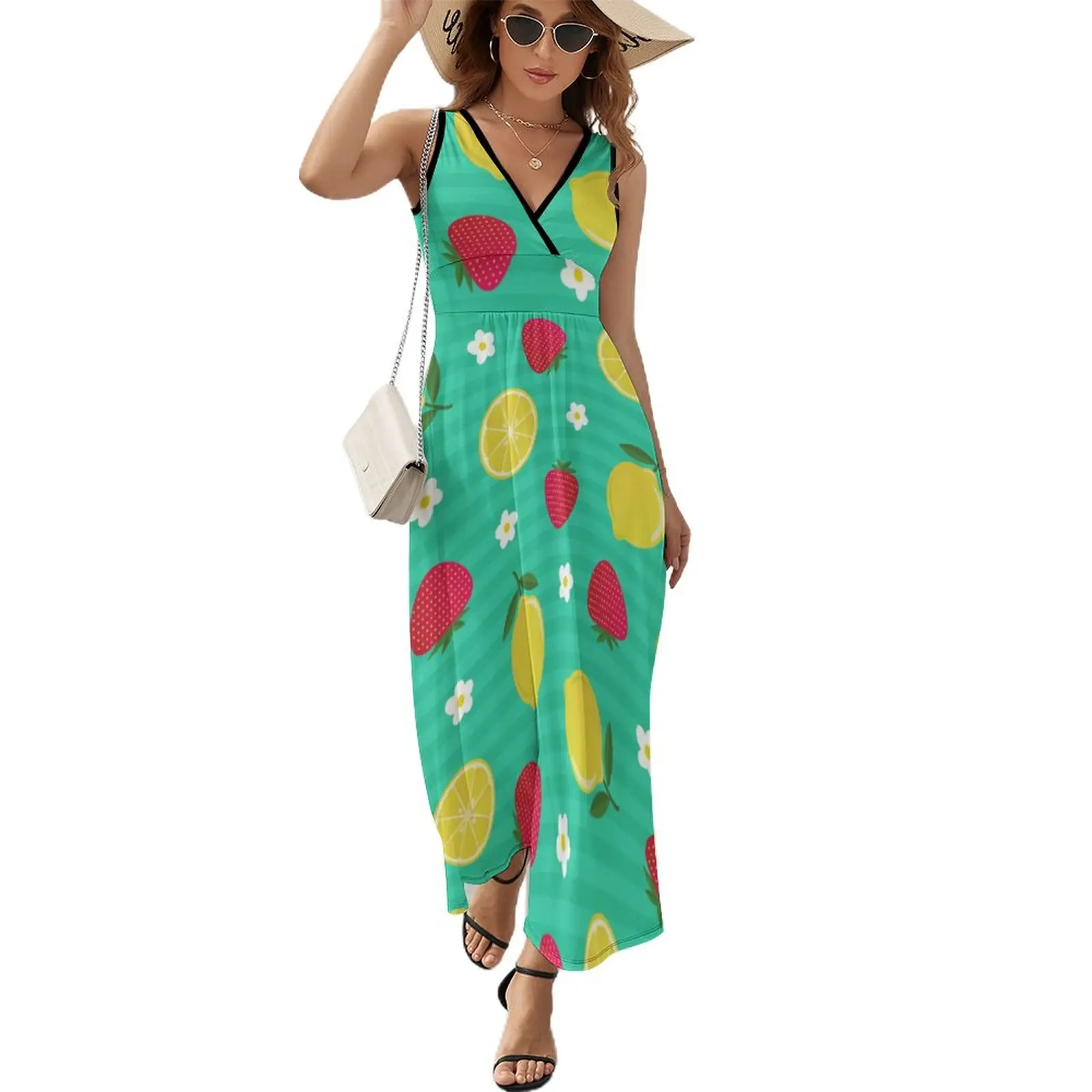 

Lemon Strawberry Pattern Dress Elegant Maxi Dress V Neck Pattern Boho Beach Long Dresses Casual Big Size Vestido