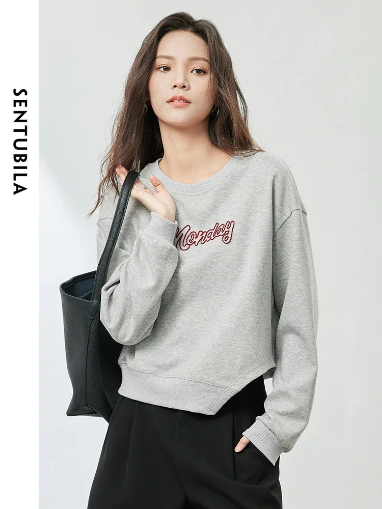SENTUBILA Embroidery Cotton Blend Sweatshirts Women 2025 Spring Autumn Loose Drop Sleeve Pullover Womens Tops Clothing 141A53460