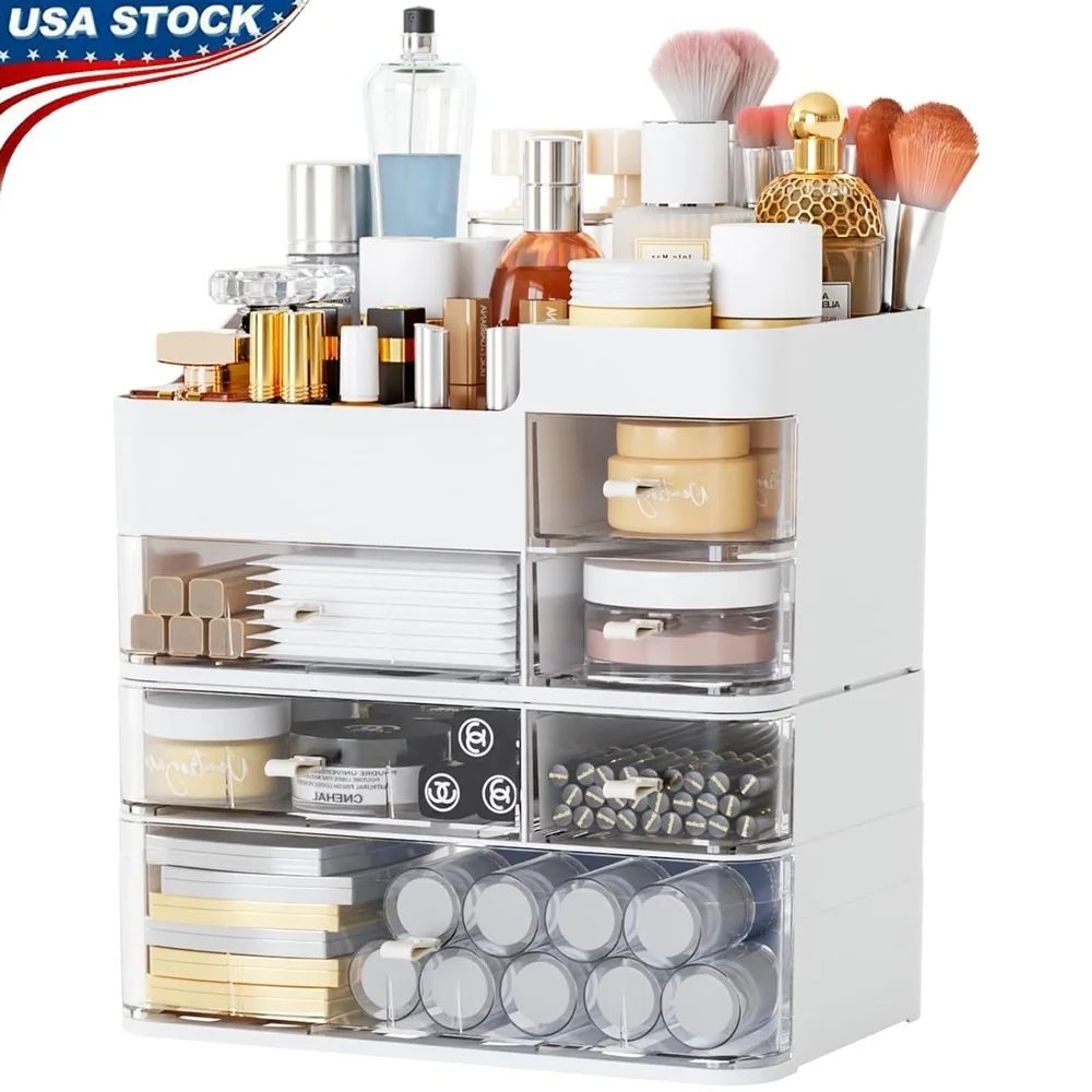 

Stackable White Makeup Organizer with 6 Drawers Cosmetic Storage Box Vanity Dresser Makeup Artists and College Students