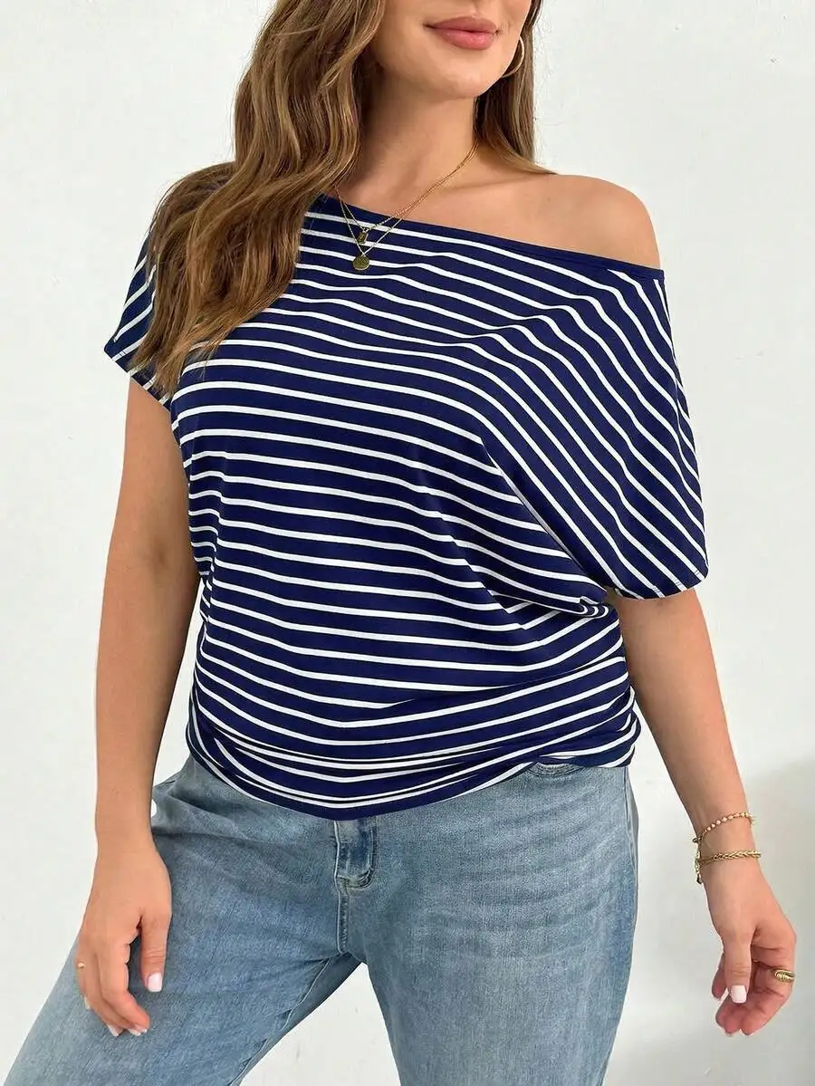 Off Shoulder Striped Short Sleeve T-Shirt Women Casual Loose Comfortable Summer Top