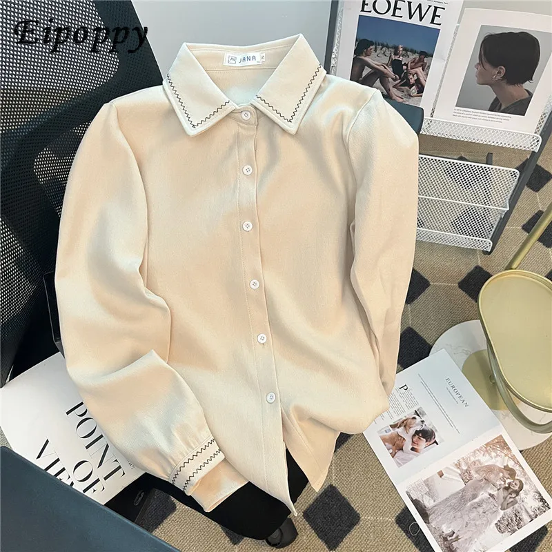 Autumn and Winter Fleece Lined Sanded Thick Warm Shirt Women's Uniform Korean Style Retro Easy Matching Student