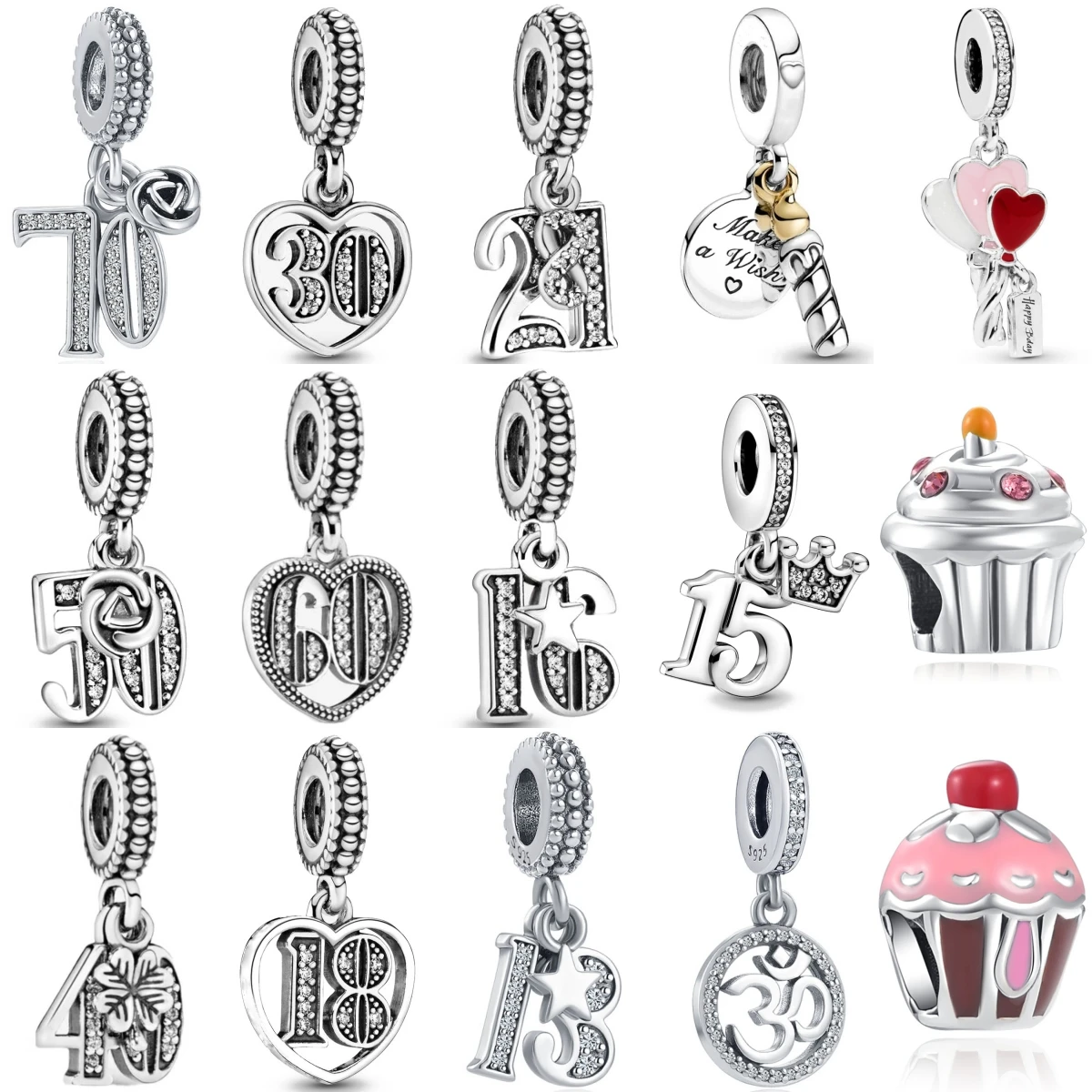 

New 925 Pure Silver Birthday Gift Series Cake Digital Pendant Beads Fit Original Charms Bracelet DIY Women Jewelry