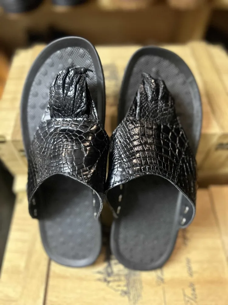 Summer Footwear Genuine Leather Mens Flip Flops Fashion Crocodile Skin Outside Casual Flat Shoes Black Clip Toe Beach Slippers