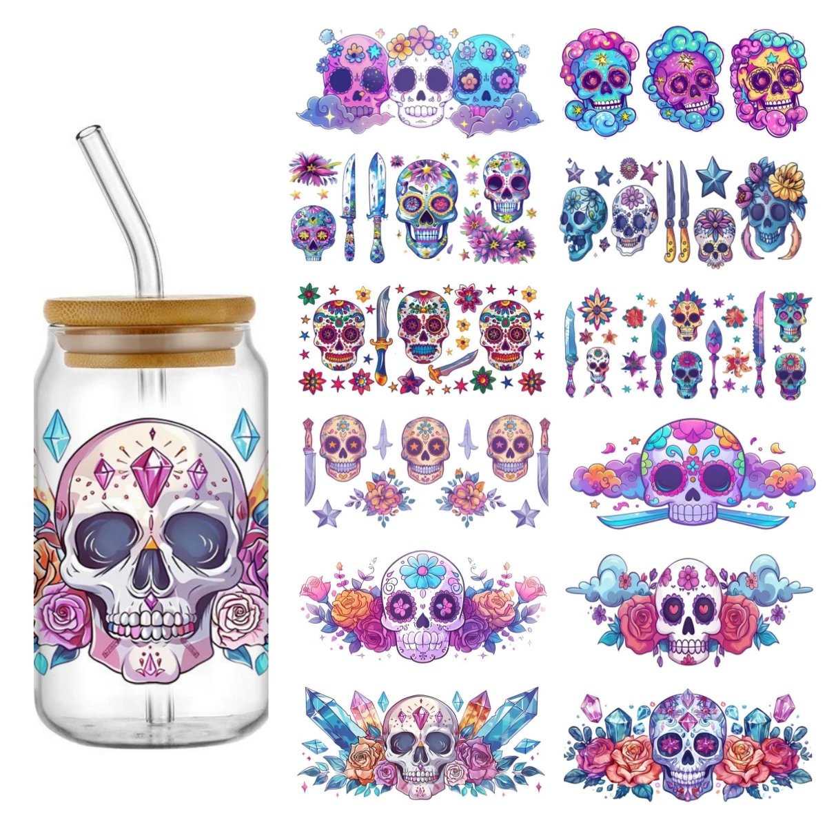 

UV DTF Transfer Sticker skull For The 16oz Libbey Glasses Wraps Bottles Cup Can DIY Waterproof Custom Decals