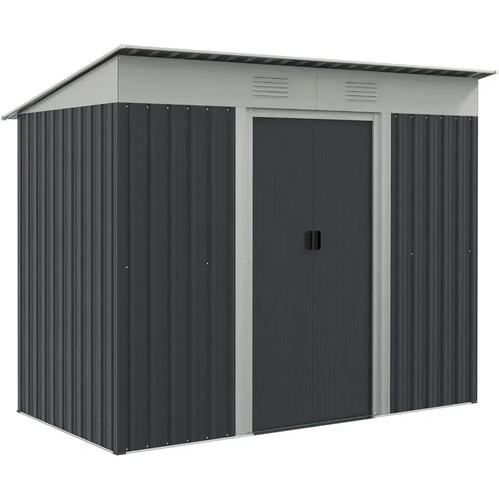 7' x 4' Metal Lean to Garden Shed, Outdoor Storage Shed, Garden Tool House with Double Sliding Doors, Sheds & Storage