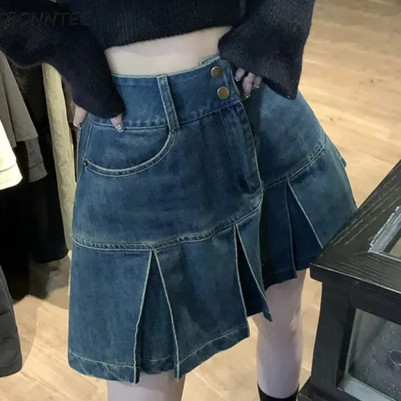 

Vintage Skirts for Women Mini Denim Pleated Design All-match Summer Young Girls Fashion Korean Style Casual Faldas Hot Sale New