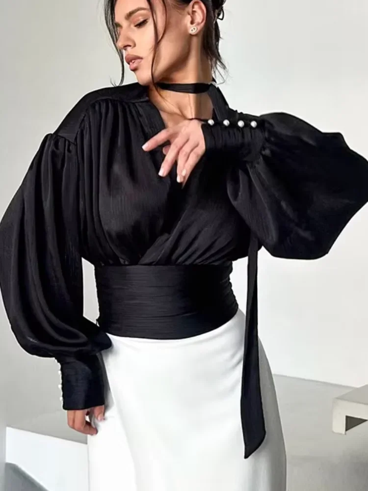 Halter V-neck Shirt Women's Fashion Pearl Cinched Waist Buttons Ribbon Fitted  Off Shoulder Solid Loose Summer Daily Blouse