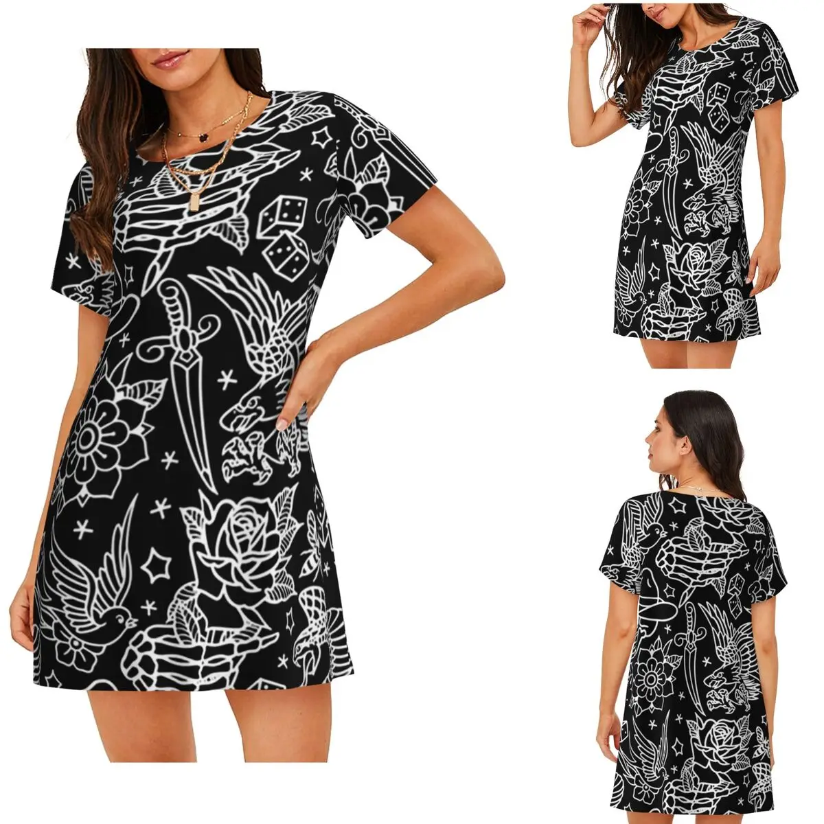

Custom American Traditional Tattoo Flash Print Short Sleeves Nightdress For Sleeping Women Short Sleeve Nightgowns Pajama Dress