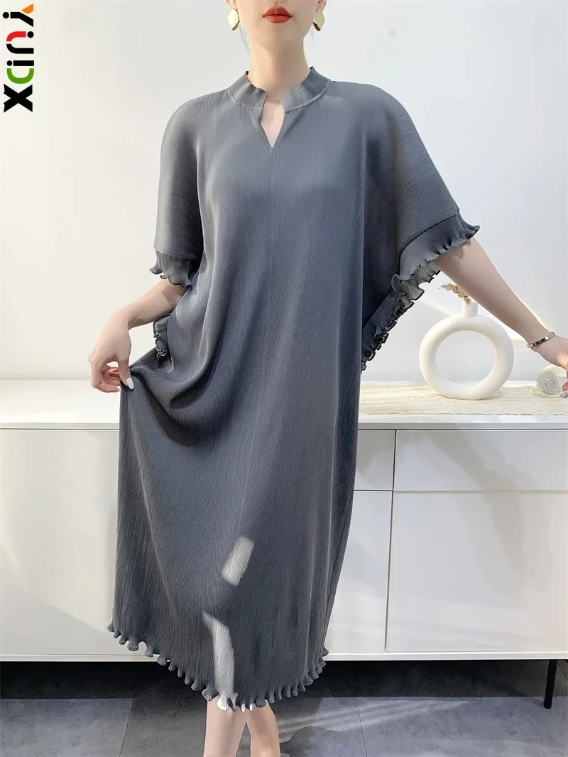 YUDX Toothpick Pleated Women's Dresses Mid-length Loose Plus Size Short-sleeved Slim Solid Color Design Dresses 2024 Fall New