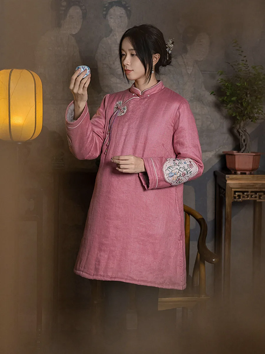 New Chinese High-End Linen Embroidery Long Cotton-Padded Coat Women's Classical Sewn Lightweight Coat Autumn And Winter Clothing