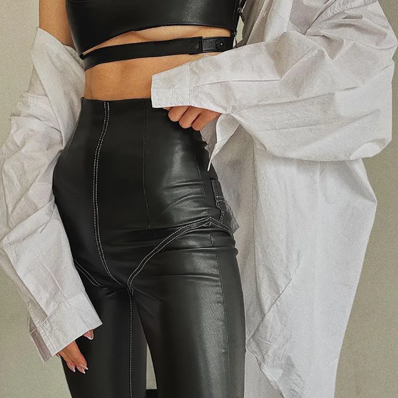 American style fashion women PU leather elastic tight fitting leather pants with high waist splicing and hip lifting leggings