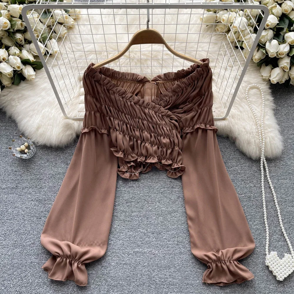 Women Chic Pleated Tank Top Slim Basic Hotsweet French Fashion Slash Neck Long Puff Sleeve Short Crop Top Autumn Women Blouse