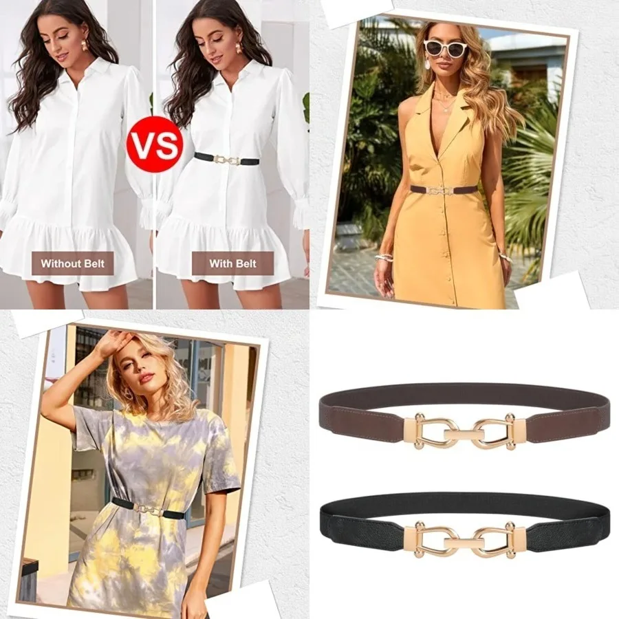 

Women Stretchy Waist Belt Retro Elastic Skinny Belt for Ladies with Gold Buckle，M Belt Length 31in,Up to 35in，L-black+coffee