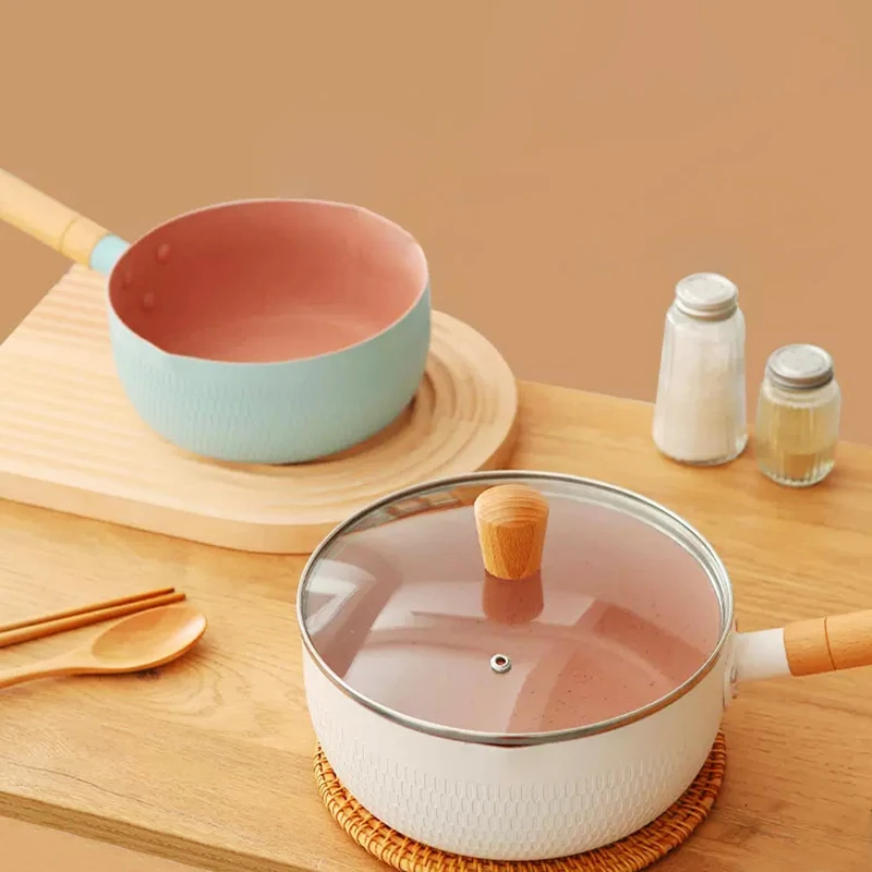 (18cm With Glass Lid) Stainless Steel Saucepan Non-Stick Handy Pot with Wooden Handle Versatile Small Cooking Pot
