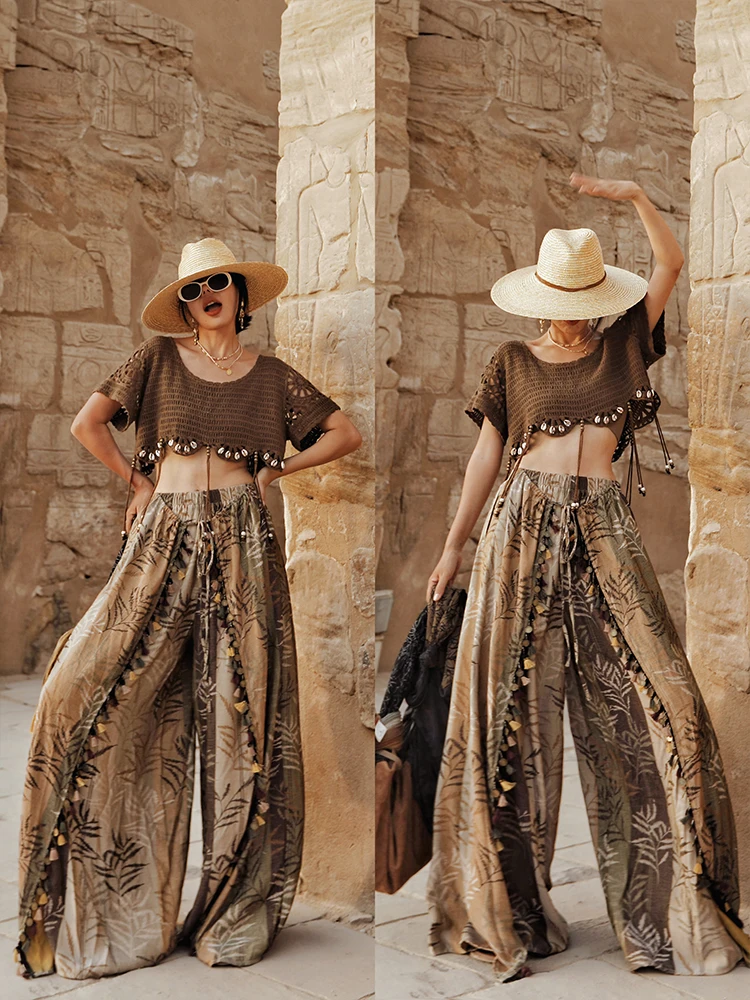 TIYIHAILEY Wide Leg Long Skirt Pants For Women Trousers Elastic High Waist Casual Tassels Printed Ladies 2025 Fashion M L Summer