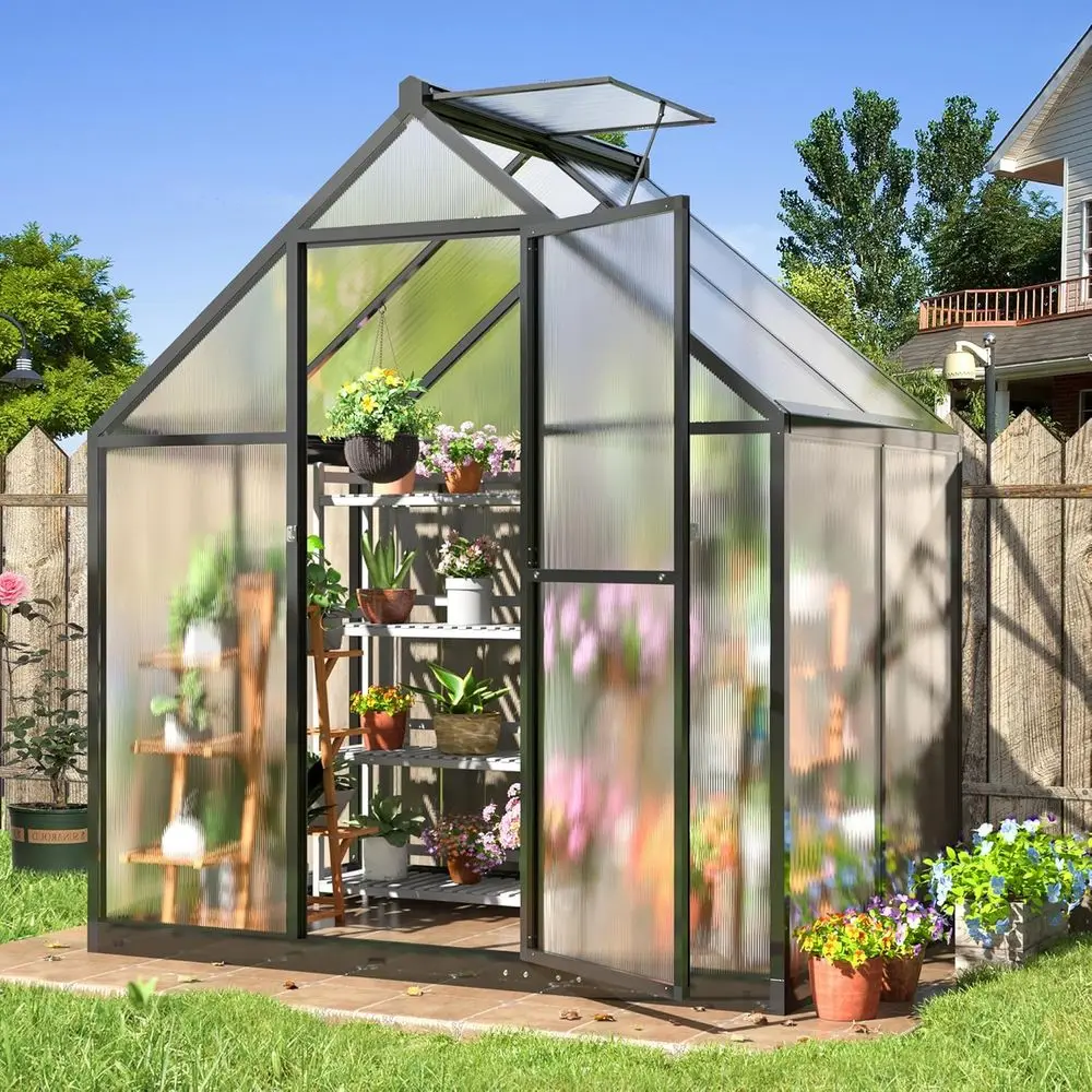 

4x6 Walk-in Polycarbonate Greenhouse with Ventilation for Backyard Gardening