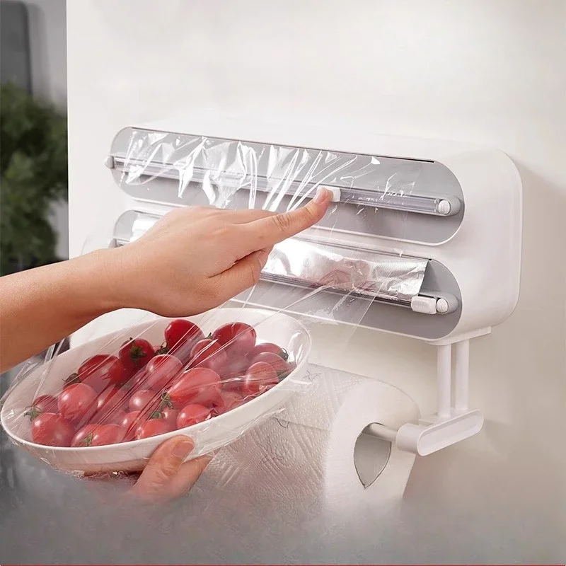 Three-in-one multi-functional plastic wrap cutter kitchen paper lazy rag rack magnetic attraction