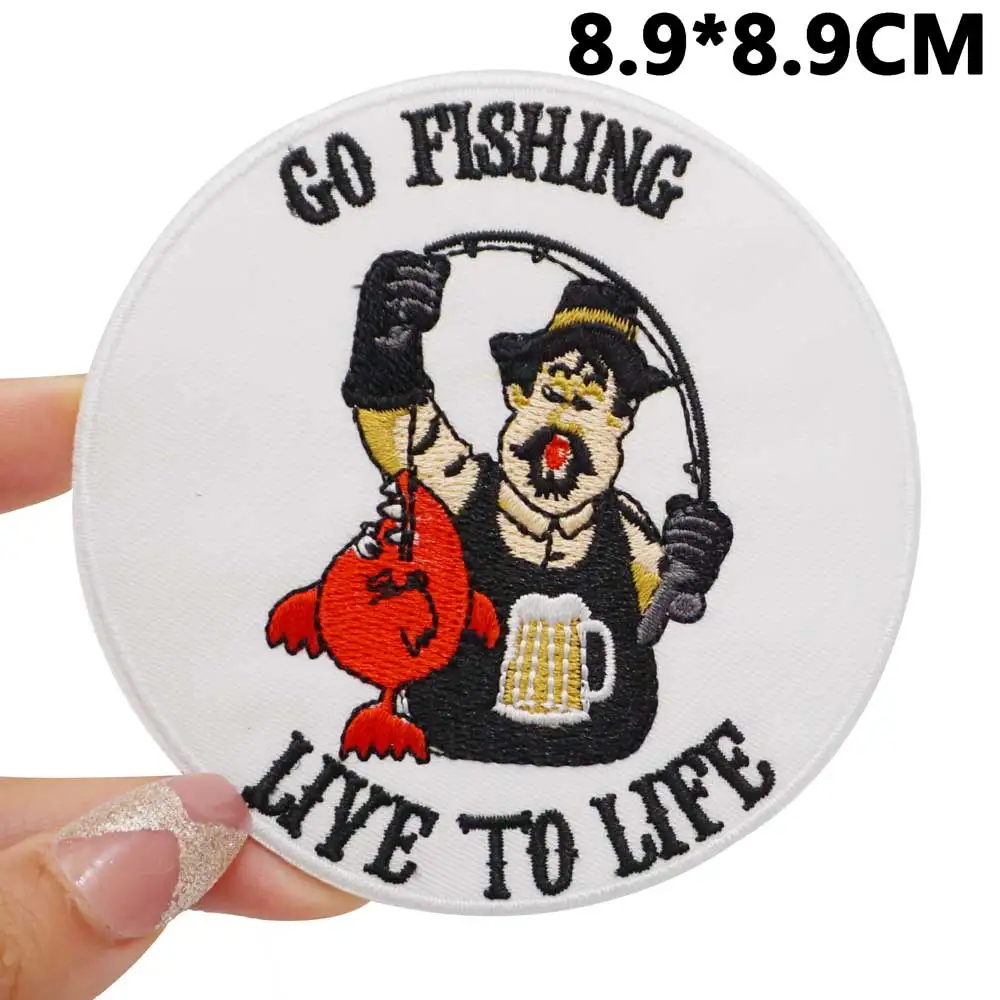 gone fishing Embroidered Patches Applique Sewing Label punk biker Band Rock Clothes Badges with hook backing