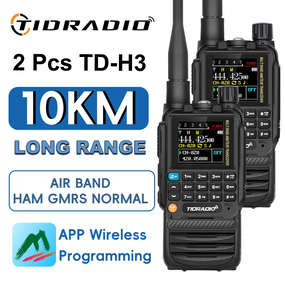 TIDRADIO 2PCS H3 Long Range Walkie Talkie Phone APP Wireless Programming Air Band Two Way Radio USB Type-C Programming &Charge