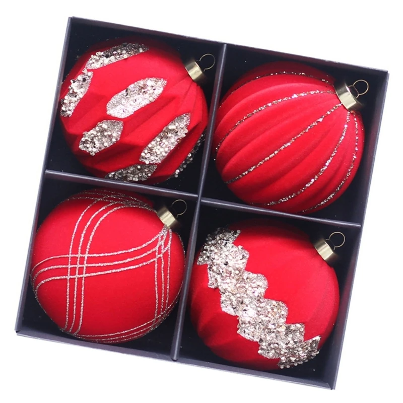 4pcs Christmas Party Decors Sphere Ornament Rhinestones Inlayed Flocking Christmas Ornament for Home and Office Decors