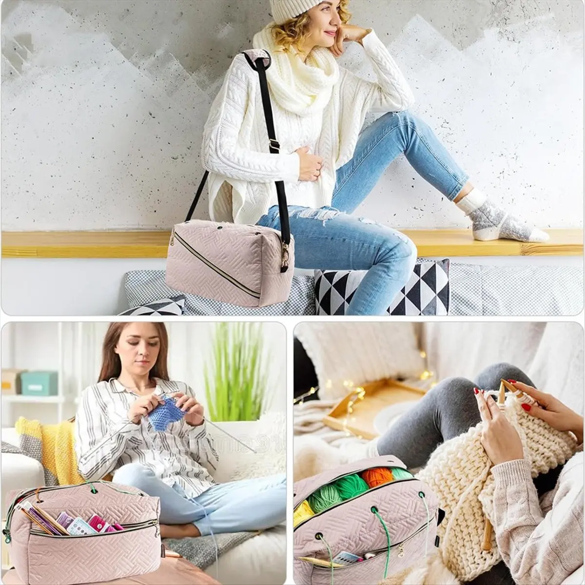ABFW Crochet Bag Organizer Knitting Bag Yarn Storage Organizer - Yarn Bag for Crocheting - Yarn Holder for Crochet Pink
