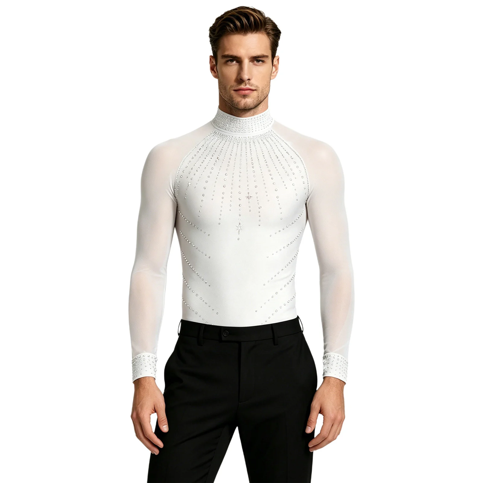 Mens Sparkly Rhinestones Modern Ballet Dance Leotard Long Sleeve Mesh Figure Skating Bodysuit Dancewear
