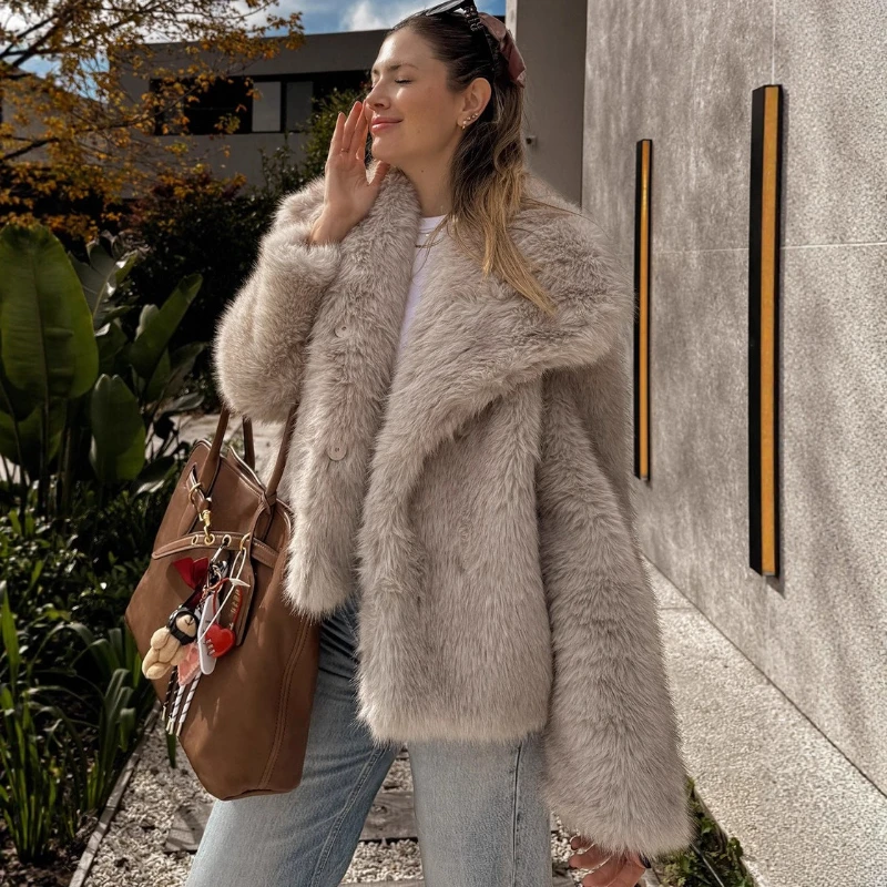 TARUXY Fashion Lapel Faux Fur Coat Casual Women's Solid Buttons Warm Commute Outerwear Autumn Winter Long Sleeve Jacket Female