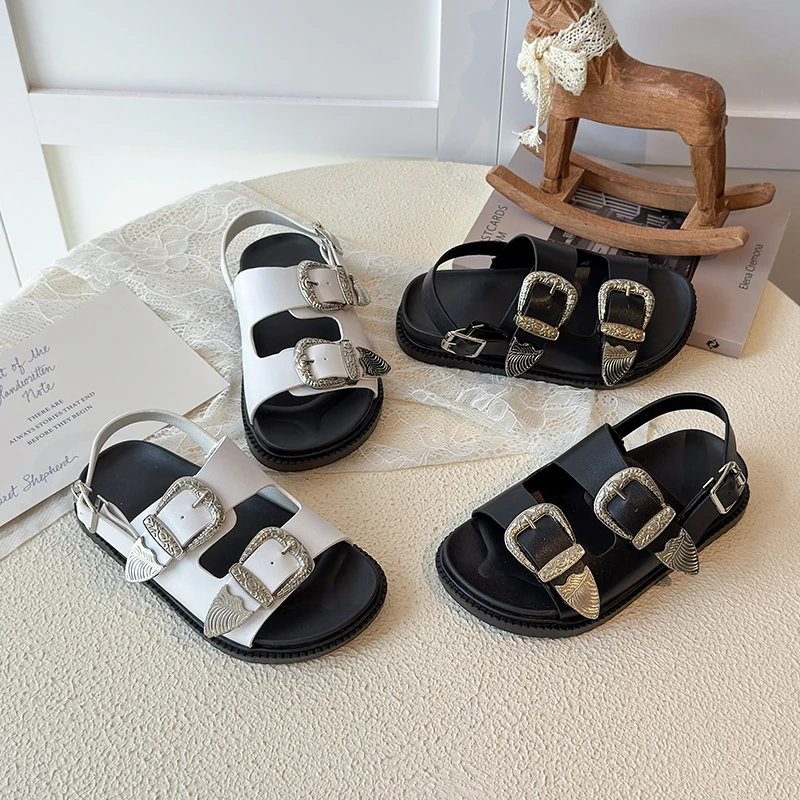 Summer Kids Toddler Girls Retro Metal Decor Sandals Adjustable Buckle Strap Anti-Slip Soft Sole Breathable Daily Walking Outdoor