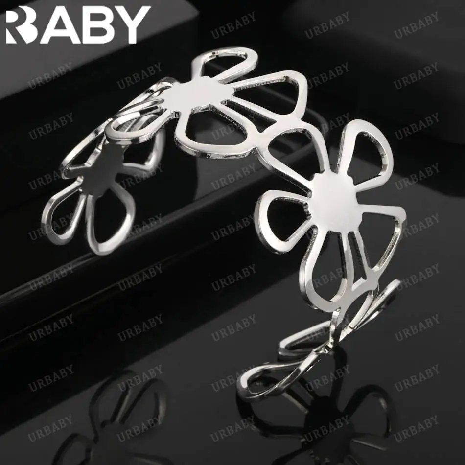 

URBABY 925 Sterling Silver Design Big Flower Open Bangle For Women Anniversary Gift Popular Wild Fashion Romantic Jewelry