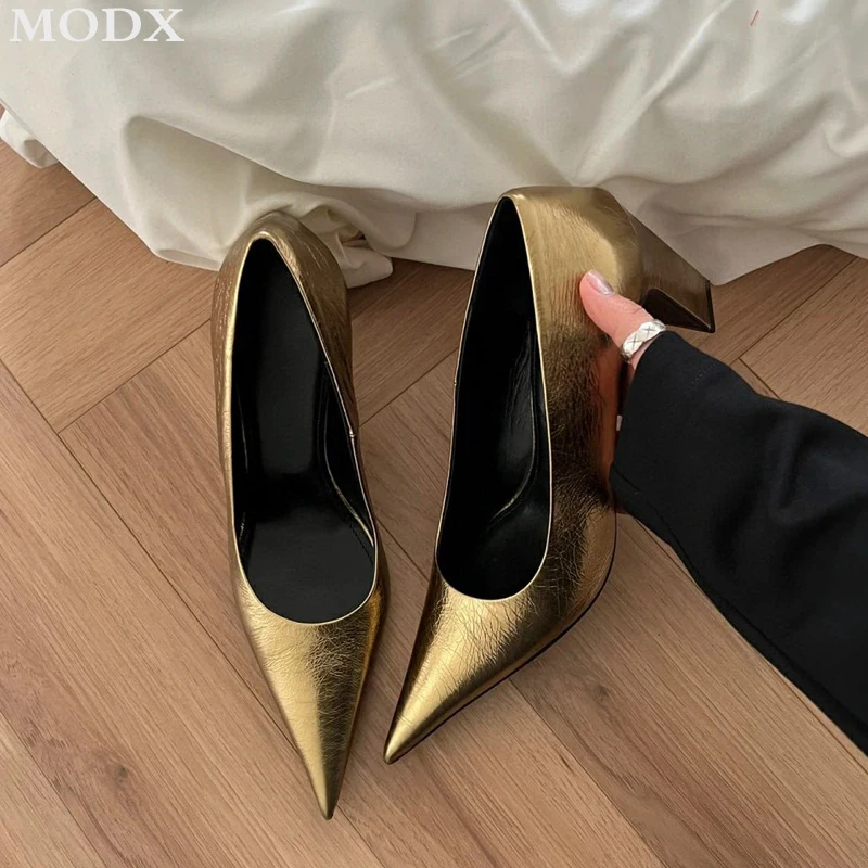 

Strange Style Heel 8Cm Pointed Toe Single Shoes 2024 Women Genuine Leather Slim Shallow Pumps Banquet Dress Shoes High Quality