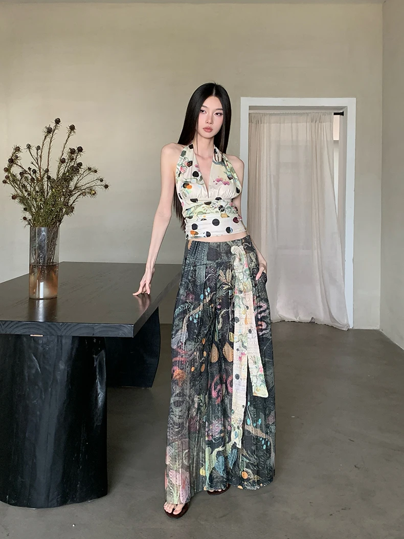 CHEERART Fruit And Flower Polka Dot Backless Top And Pant Summer 2 Pieces Set For Woman Beach Club Outfit New In Matching Set