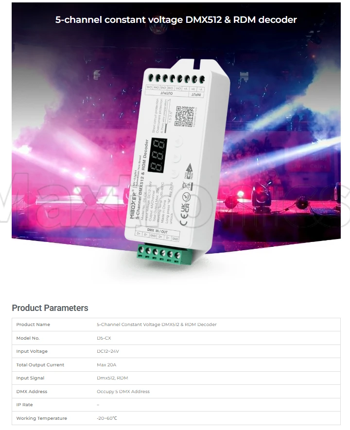 Miboxer D1-CX 1-5 canali DC12-24V Decoder DMX512/RDM a tensione costante per striscia LED SingleColor DualWhite RGB RGBW RGBCCT FUTD01