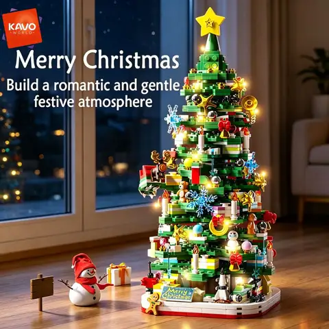 KAVOWORLD 1024pcs Christmas Tree Building Bricks Set with LED Light Up DIY Xmas Tree Home Tabletop Decor Assembly Model Stable Interlocking Building Bricks 3D Puzzle Construction Kit Christmas Party Display Holiday Festive Ornament Hobby Toy Gift for Home