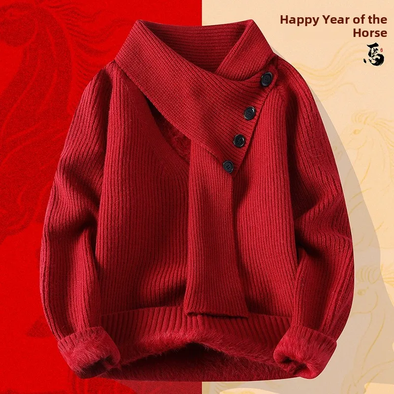 

Красный утепленный свитер с высоким воротником для мужчин, свободный крой, вязаный, с воротником-шарфом, осенне-зимний шерстяной свитер