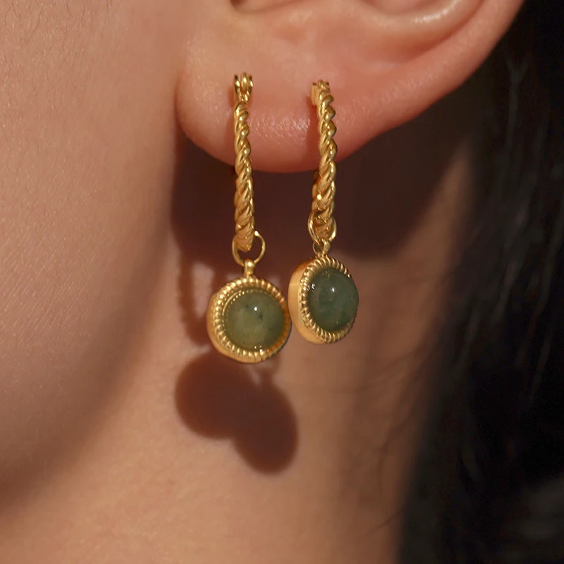 Nivora Stainless Steel Twisted Dangle Earrings For Women Chinese Style Green Agate Hoop Earrings Lady Fashion Basic Jewelry
