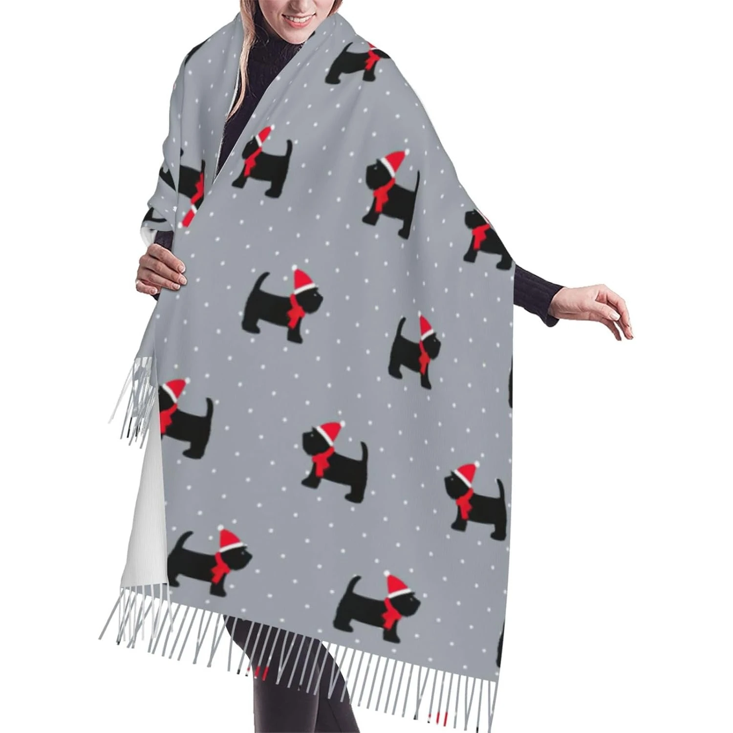 

Рождественский милый шотландский шарф с кисточками и принтом собак-женский толстый большой шарф-шаль, зимний теплый шарф-шаль