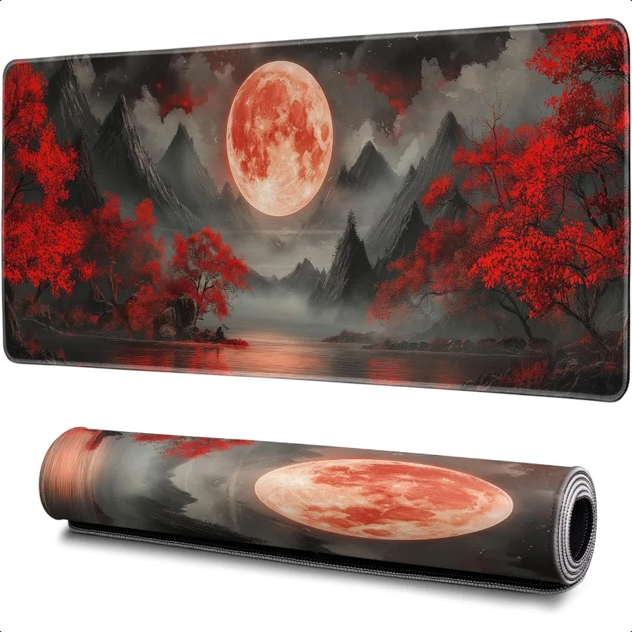 

Darkn Red Moon Коврик для мыши Абстрактный красный коврик для мыши 31,5x11,8 дюймов Текстура Нескользящая резиновая основа Большой коврик для мыши с прошитыми краями Keyboa