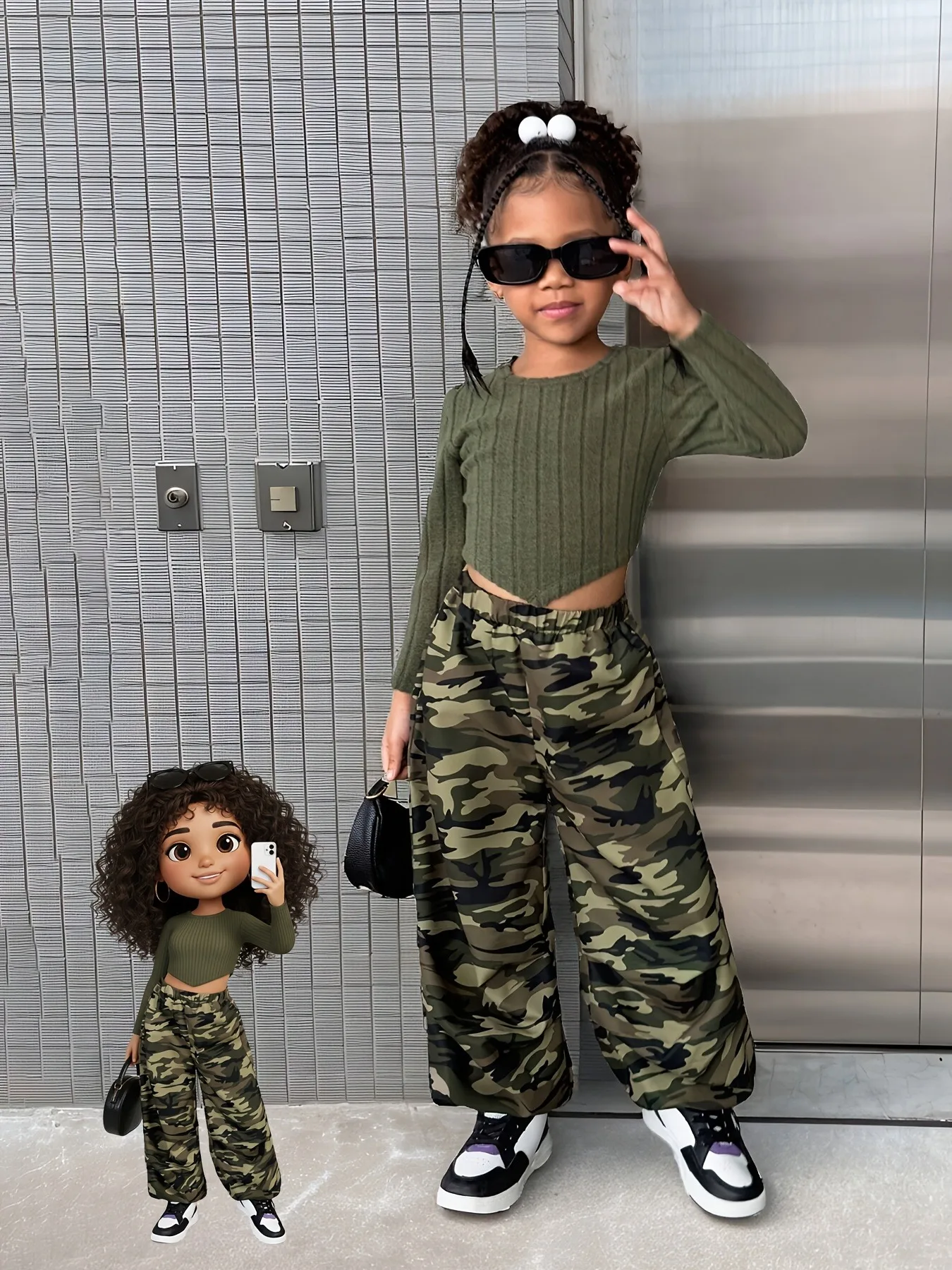 Trendy Trendy Girls 2Pcs Co-Ord, Olive Ribbed Long Sleeve Crop Top & Camouflage Wide Leg Trousers for Daily Street Style - Aliexpress Deal