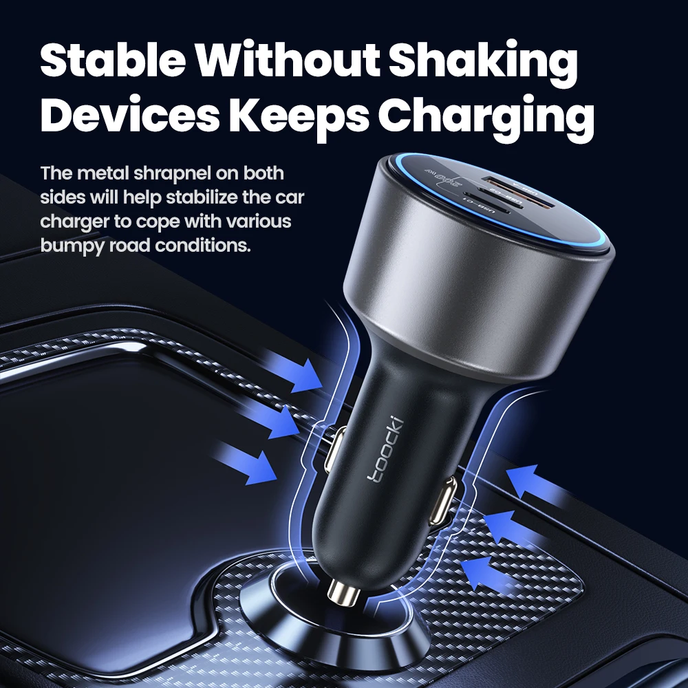 Toocki 200W USB C Car Charger for Tablet QC4.0 PD3.0 LED High-Speed Type C Fast Car Phone Charger for iPhone 15 13 Samsung POCO