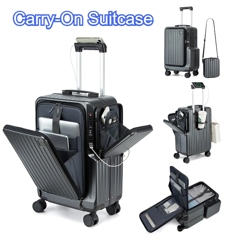 

18/20 Inch Front Opening Carry-On Suitcase, Multi-Functional Aluminum Frame Trolley with Quiet Wheels, Cabin Approved Luggage