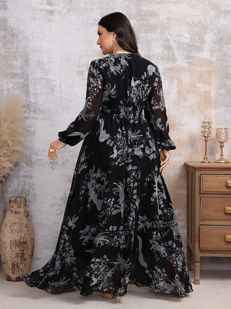 TOLEEN 2024 New Casual Elegant V-Neck Lace Mesh Female Party Evening Long Dresses Plus Size Women's Random Floral Printed Dress