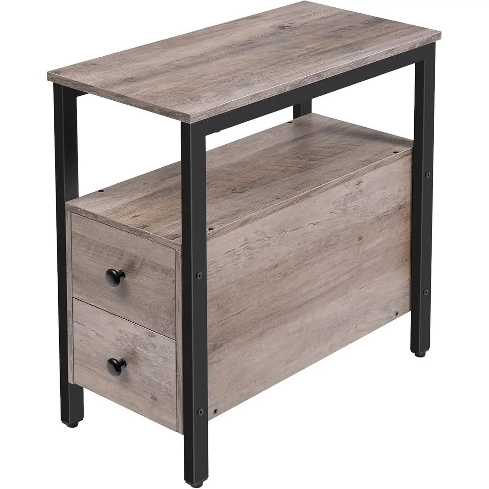 

Wooden Look Narrow Chairside Table with Drawer and Storage Shelf for Small Spaces, Greige and Black Accent Furniture