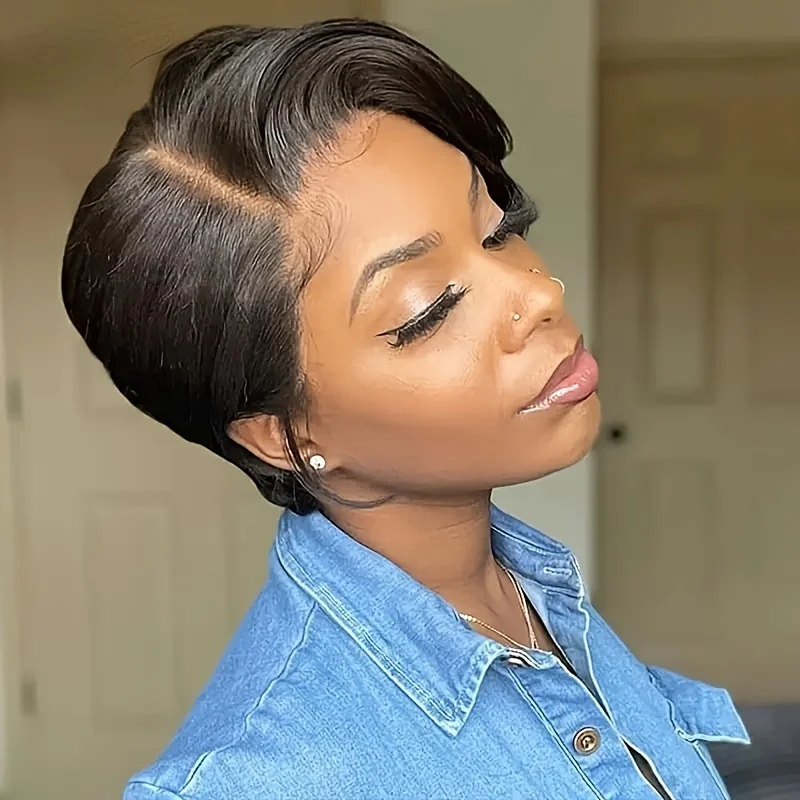 Peruca Bob Curta Reta para Mulheres, Cabelo Humano Remy, T Part Lace, 13x4x1