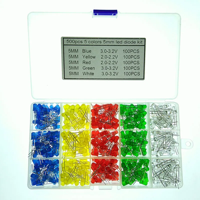 500 PCS (5 Colors x 100PCS) 5mm LED Light Emitting Diode Assorted Kit Box 3V 2V 2.2V 3.2V